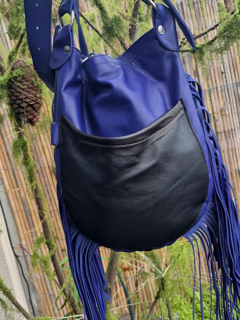 Purple Leather Fringe Crossbody Bag with Sun & Moon Motif - Picture 11 of 11